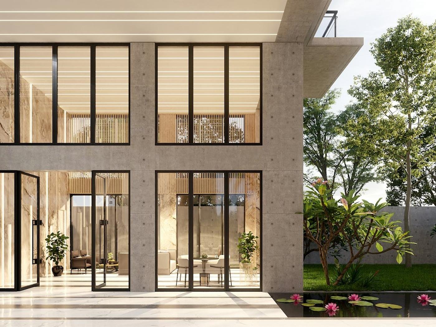 Modern home with floor-to-ceiling windows and glass doors opening onto a garden